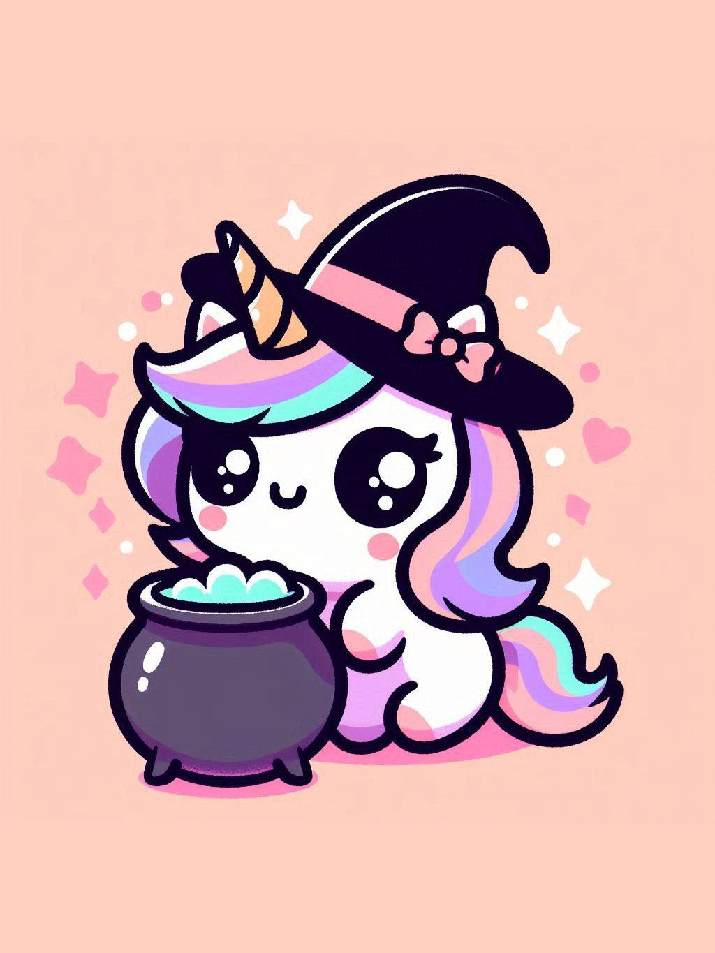 Halloween unicorn illustration ideas featuring a cute unicorn in a witch hat sitting by a bubbling cauldron with colorful bubbles.